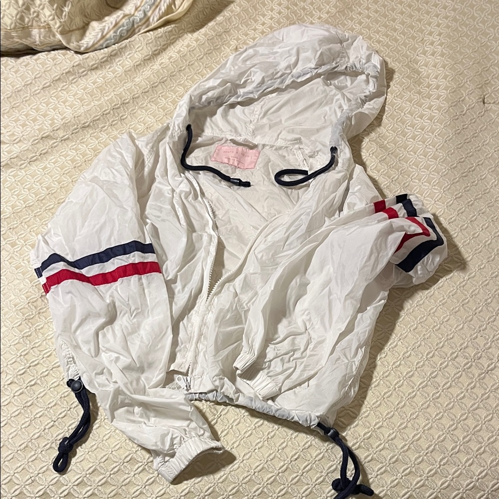Heart & Hips White Hooded Jacket with Red and Blue Stripes